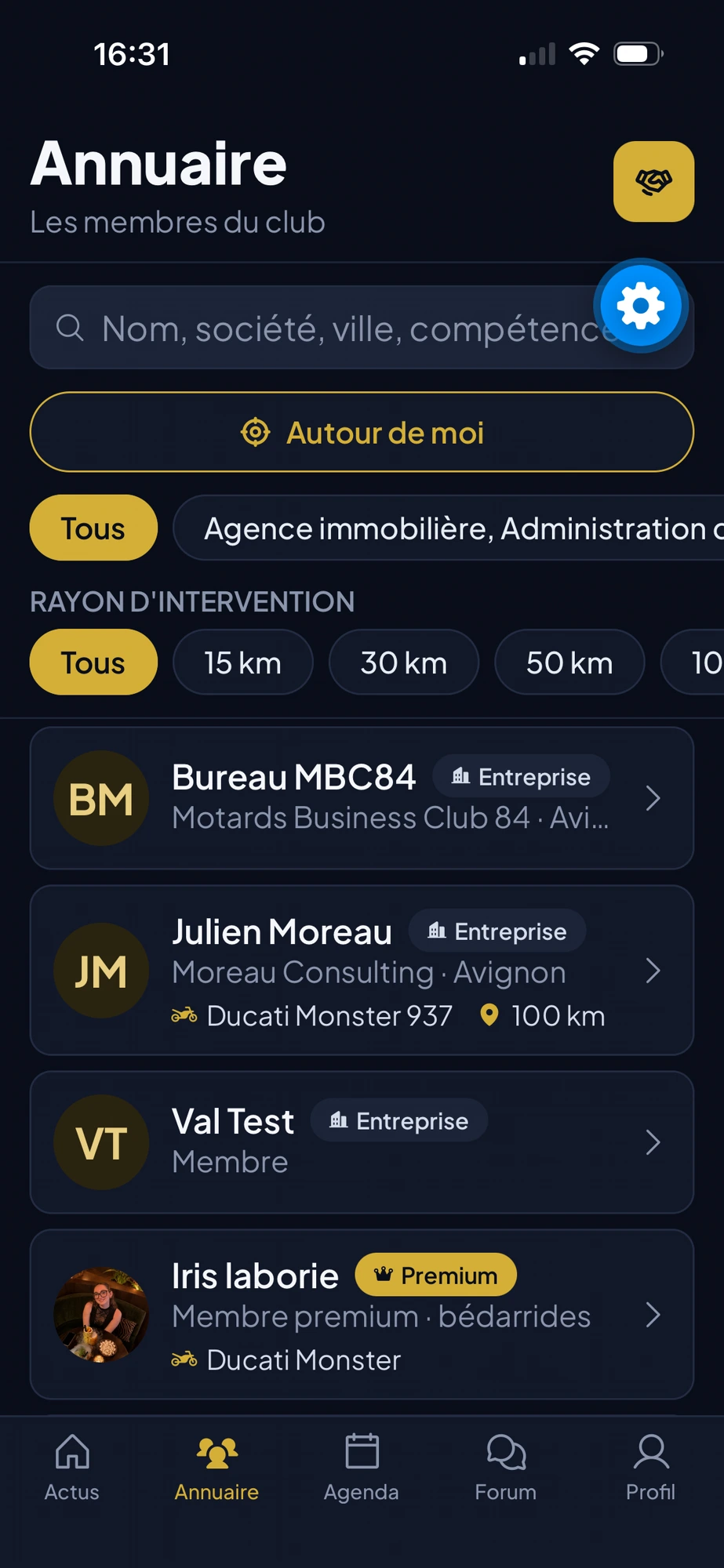 Annuaire des membres avec recherche et filtres